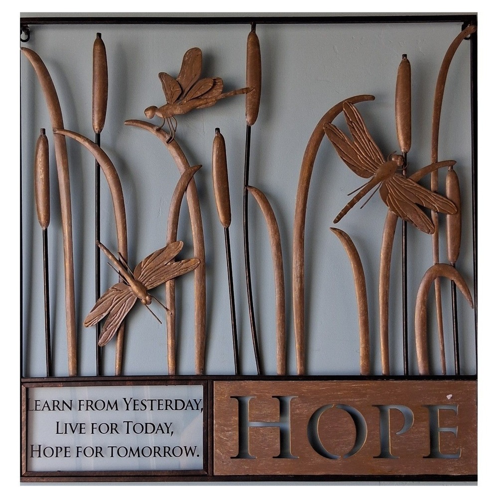 Fetco Home Decor Metal Wall Art Dragonfly Cattails Hope Quote Bronze 20x20